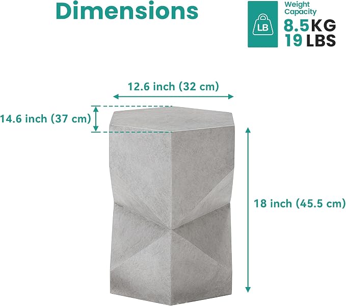SUNBURY Outdoor Side Table, 18" Hexagon End Table Gloss Finish w Geometric Pedestal, Patio Concrete Accent Table Modular Design Decor, Lightweight Garden Stools for Balcony, Porch, Living Room, Grey