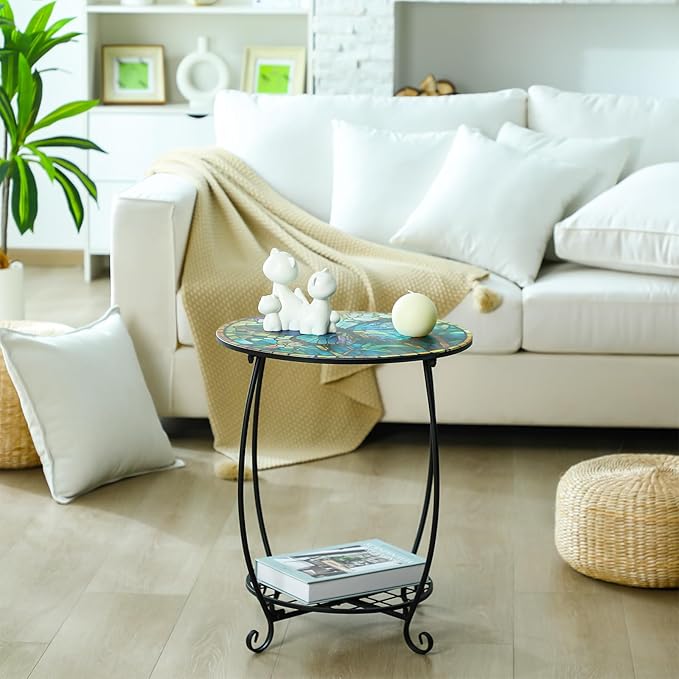 Cinnvoice Outdoor Side Table Round Small Mosaic Patio Accent Indoor End Plant Coffee Tea Table for Yard Patio Porch Garden Living Room, Bedroom(Butterfly Style,18 Inch)