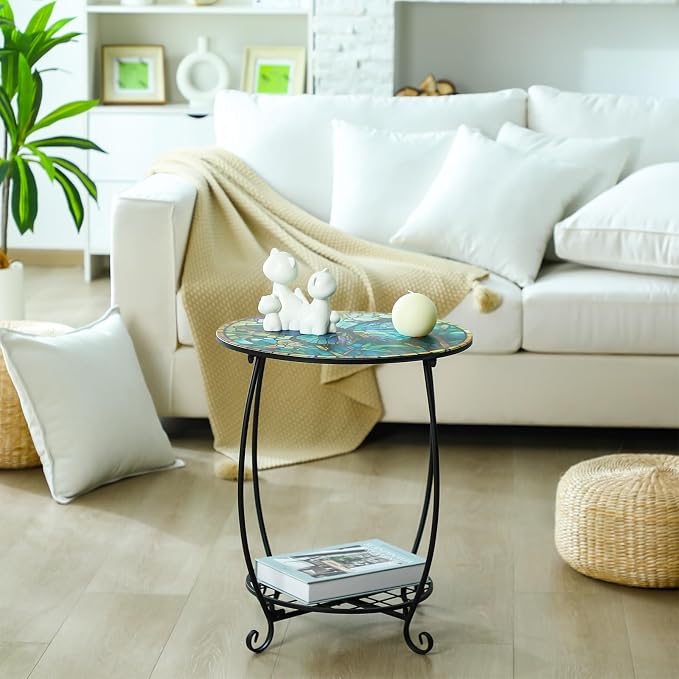 Cinnvoice Outdoor Side Table Round Small Mosaic Patio Accent Indoor End Plant Coffee Tea Table for Yard Patio Porch Garden Living Room, Bedroom(Butterfly Style,16 Inch)