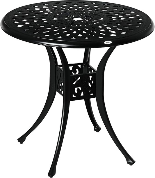 Outsunny 30" Round Patio Dining Table with Umbrella Hole, Antique Cast Aluminum Outdoor Bistro Table Only, Black