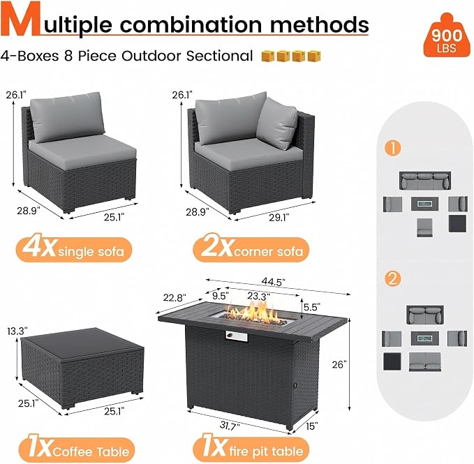 8 Piece Patio Furniture Set with 43" Fire Pit Table, Outdoor Sectional Wicker Rattan Sofa Set with Coffee Table (Grey/Black)