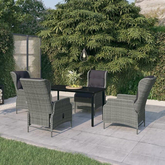 5 Piece Patio Dining Set Light Gray with Reclining Rattan Chairs and Cushions Outdoor Table and 4 Chairs for Garden Backyard Poolside Relaxation