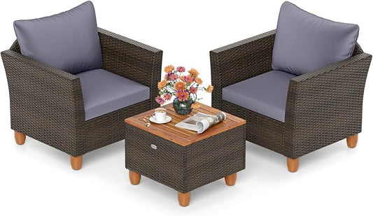 HAPPYGRILL 3 Pieces Patio Conversation Set with Storage Coffee Table, Outdoor Patio Furniture Wicker Sofa Set with Soft Cushions for Balcony Backyard Porch