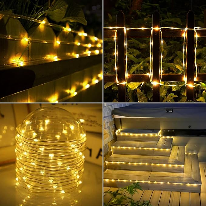 Jnaurb Solar Rope Lights, 66ft 200LED Solar String Lights, 8 Modes Waterproof Solar Outdoor Light, Flexible Clear Trampoline Light for Garden Backyard Patio Deck Porch Pool Tree Decor - Warm White