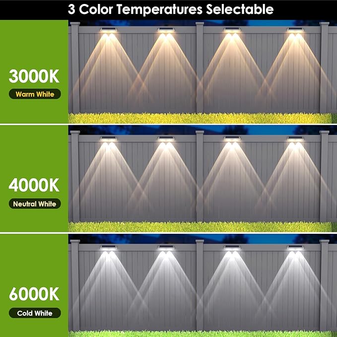 LIANGLOME 2 Pack Solar Fence Lights - 2PK Solar Outdoor Light Warm White/Daylight White/Cold White 3 Mode Deck Lights for Outside, Deck Fences, Stair Railings, Pools and Walls