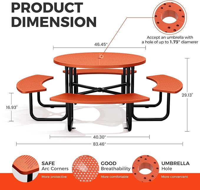 83" Round Heavy Duty Picnic Table for Outdoors Commercial Camping Table with Umbrella Hole up to 1.78" Orange Coated Steel Frame Waterproof Rust Resistant 3200 lbs Load Capacity