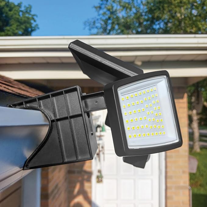 Insert Solar Lights AMS1971 1,000 Lumens Motion-Activated Triple-Head Solar-Powered Security Light with Tool-Free Gutter Mount Bracket (Black)