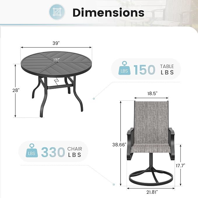 5 Pieces Patio Dining Set, Patio Outdoor Furniture Set of 4 Patio Swivel Dining Chairs and 39" Patio Spliced Round Tabletop with Umbrella Hole, for Deck, Backyard, Poolside & Garden