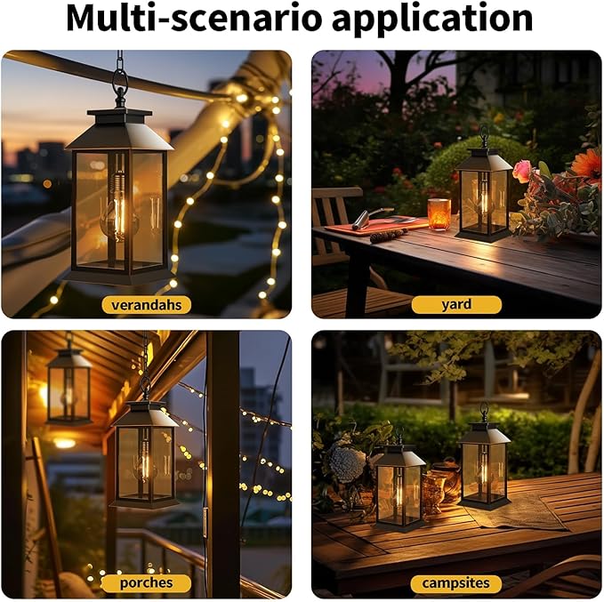2 Pack Solar Lanterns Outdoor, Hanging Glass Solar Lights Waterproof, Dual Power Solar & 2*AA Battery, for Porch, Patio, Yard and Indoor Table or Mantel