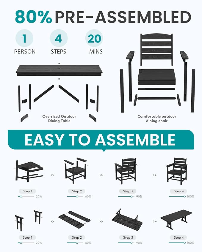 SERWALL Outdoor Dining Table, 84" Rectangular Dining Table for 6-8 Person, All Weather HDPE Outdoor Furniture for Backyard, Garden, Black