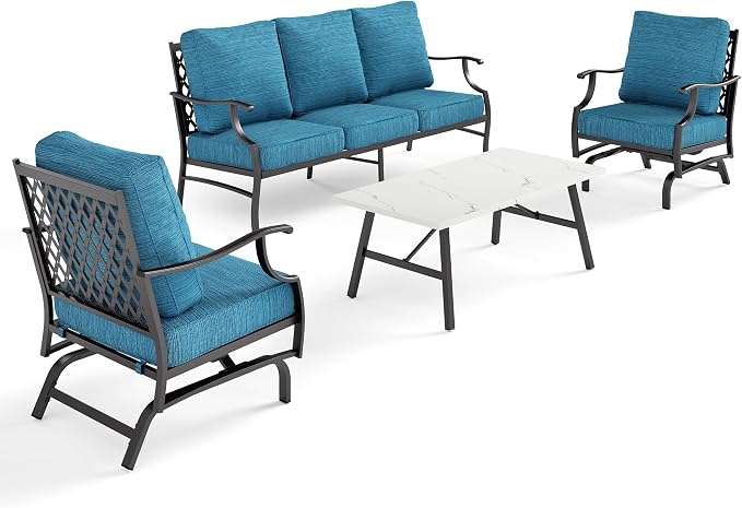SUNSHINE VALLEY 4 Piece Metal Outdoor Patio Furniture Set, Patio Conversation Set 3-seater Sofa, 2 Rocking Chair with 5.75" Extra Thick Cushion and Coffee Table, Black Frame Backyard Furniture, Blue-2