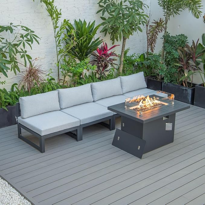 Chelsea Middle Patio Chairs & Fire Pit Table Set Black Aluminum Frame with Cushions Light Grey - 5 Piece