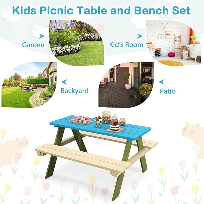 Costzon Kids Picnic Table, Acacia Wood Kids Outdoor Table with Benches, Toddler Patio Furniture Set for Backyard, Garden, Lawn, Gift for Boys Girls 3+ (Green)