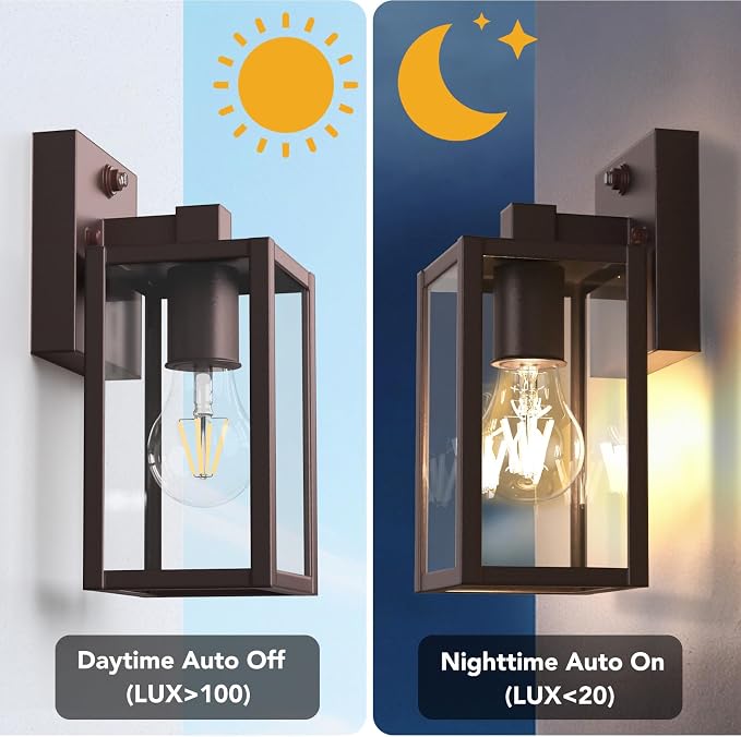 Dusk to Dawn Outdoor Light Fixtures, 2-Pack Sensor Porch Lights, Waterproof Exterior Wall Sconce Lighting Lamp, Waterproof Wall Lantern for House, Doorway, Garage (Oil Rubbed Bronze)
