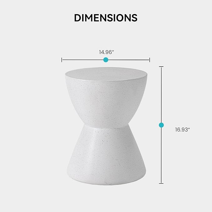 COSIEST Outdoor Drum Side Table, 19" Modern Concrete Hourglass End Table for Patio, Small Round Outside Accent Table & Plant Stand for Garden, Porch, Deck, Balcony，White