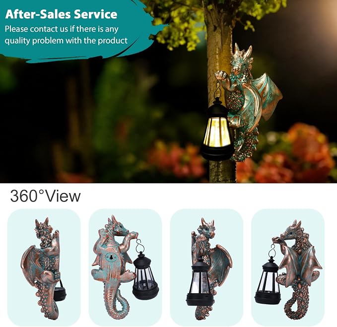 Goodeco Dragon Tree Hugger Garden Statue with Solar Lantern - 2 Pack 9.3 Inch Resin Dragon Decor for Outdoor, Perfect Dragon Gifts & Yard Decor（Bronze, 2-Pack）