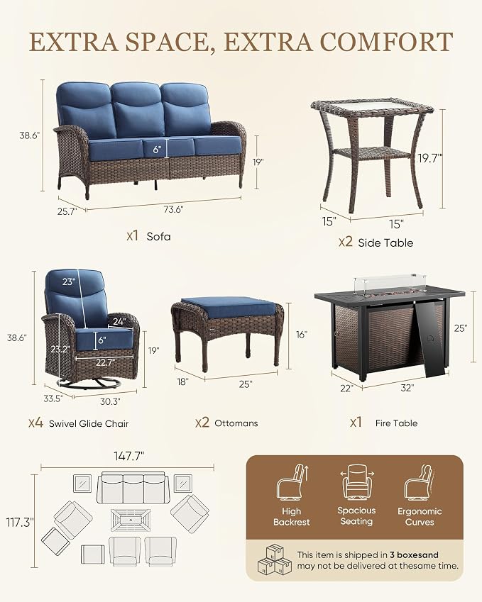 Belord Upgraded 6“ Cushion Luxury 10 Piece Patio Furniture Set with Fire Pit Table - Outdoor Couch & High Back Swivel Rocker Patio Chairs, Wicker Outdoor Furniture for Deck Porch Yard - Brown/Blue