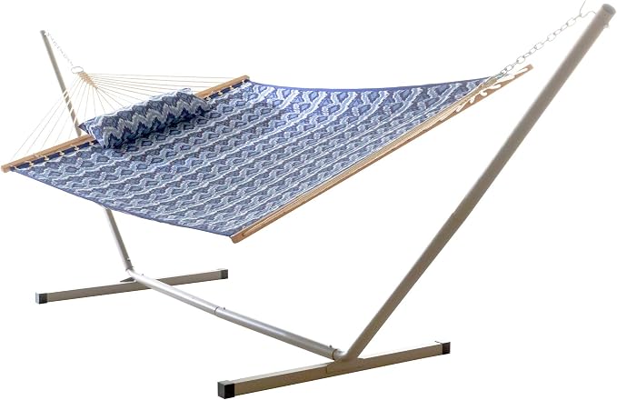 Castaway Living Large 2-Person Quilted Hammock with Stand & Pillow – Ikat, 10 ft. L x 52 in. W, 350 lb Capacity, Weather-Resistant Polyester, Portable Space-Saving Frame
