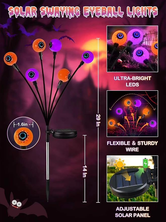 6 Pack Solar Halloween Decorations Outdoor 36 LED Solar Eyeball Lights | Orange and Purple Halloween Lights, Sway by Wind, IP65 Waterproof, 2 Modes, for Pathway Garden Yard Lawn Horror Party Decor