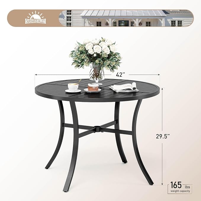 SUNSHINE VALLEY 42" Round Patio Table for 4, Patio Dining Table with Umbrella Hole,E-Coating and Powder Coating Steel Frame Metal Outdoor Patio Table for Garden Backyard Lawn Yard