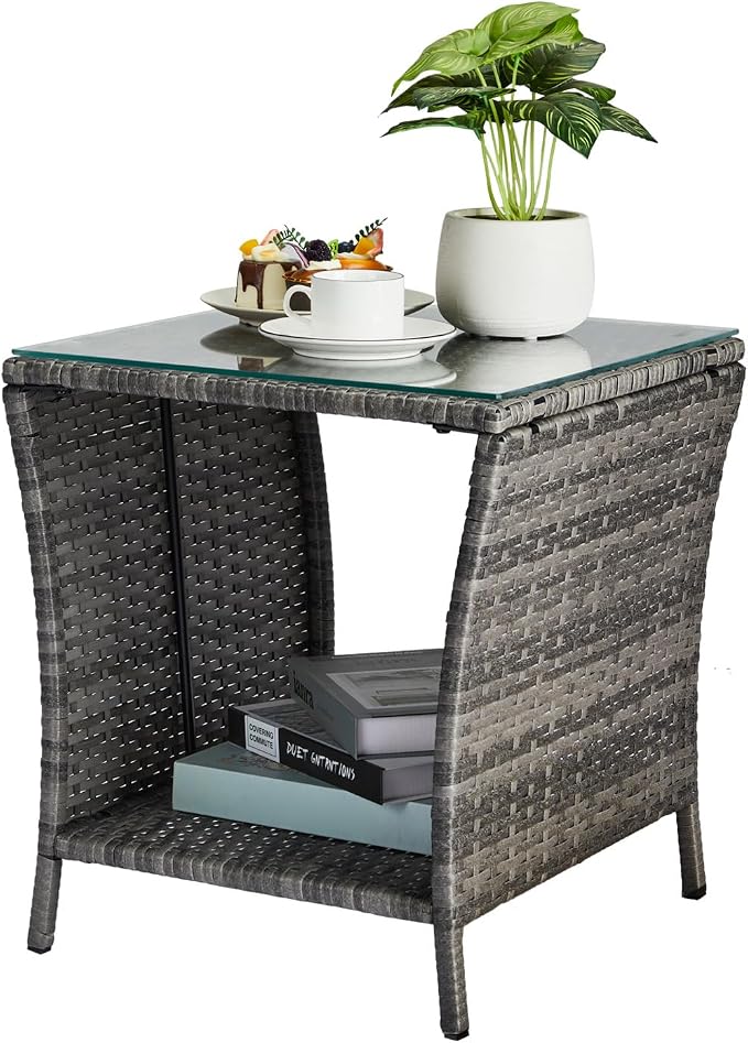 Outdoor Wicker Side Table, 17.9" Square End Table with Tempered Glass Top & Storage Shelf, Resin Wicker Coffee Table for Patio, Porch, Backyard, Balcony,Grey