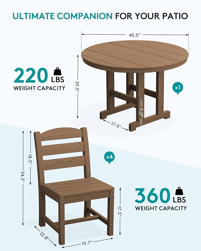 SERWALL 6-Piece Patio Dining Sets, HDPE Outdoor Table and Chairs Furniture Set with Umbrella, 45" Round Dining Table & 4 Armless Dining Chairs & 1 9FT Umbrella, Brown(Not Include Umbrella Base)