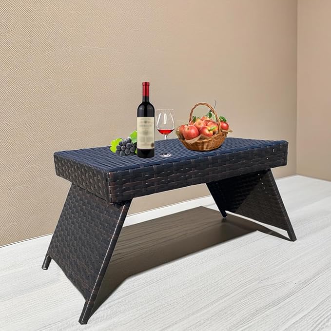 Patio Coffee Table - Outdoor Foldable Wicker Side Table for Balcony, Garden, Lawn, Poolside, Backyard Bistro