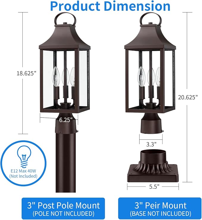 18.62 Post Light Outdoor, Large 3-Light Lamp Post Light Fixture, Brown | Modern Pillar Outside Lighting Waterproof Post Lantern Lamp Outdoor Post Light Fixtures Pole Lights for Porch, 1 Pack