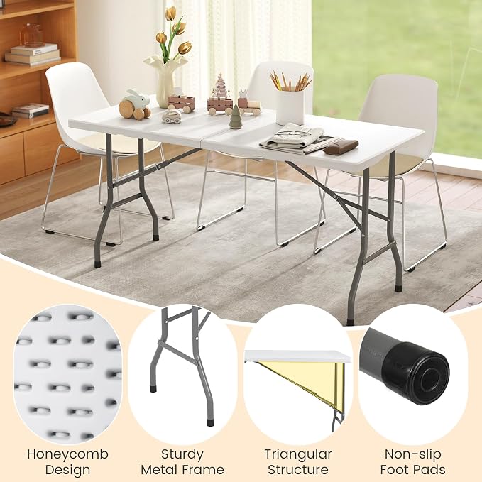 Giantex 5 FT Folding Table, HDPE Foldable Dining Table for 6, Indoor Outdoor Use for Party Banquet Wedding Picnic Camping BBQ, Fold-in-Half Portable Space Saving Design (White)