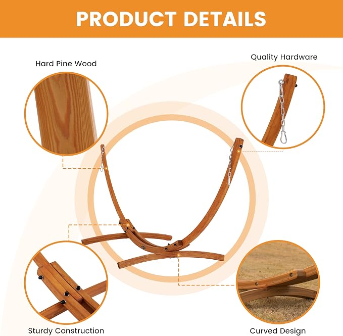 Lazy Daze Hammocks Cotton Fabric Spreader Bar Hammock and 10.5 Ft Wood Arc Hammock Stand Combo, for Outdoor, Indoor, Patio, Backyard, Blue and Yellow