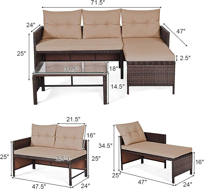 DORTALA Wicker Patio Furniture Set Couch 3 Piece, L-Shaped PE Rattan Outdoor Sectional Sofa Conversation Set with Loveseat, Lounge and Tempered Glass Coffee Table for Garden Lawn Deck, Brown