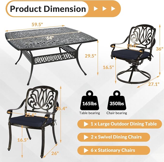 9 Piece Outdoor Patio Dining Set for 8, Cast Aluminium Large Square Dining Table & 2 Swivel Rocker Chairs, 6 Stationary, 8 Cushions, Umbrella Hole, Patio Furniture Set for Garden, Navy Blue