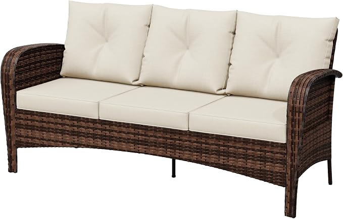 73" Patio 3-seat Sofa, Wicker Rattan Couch, Steel Frame Deep Seat Loveseat, Outdoor Conversation Furniture with Removable Cushions for Garden, Poolside, Porch(Beige)