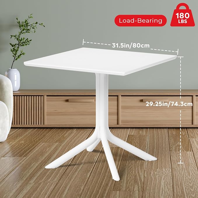 Costaelm Patio Dining Table for 4, Square PP Patio Table, 4-Person Weather Resistant Porch Tables for Outside Poolside Deck Lawn Garden Backyard, White