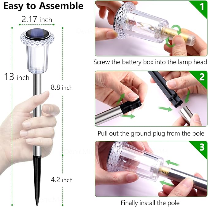 DenicMic 10 Pack Solar Pathway Lights Outdoor Waterproof Warm White LED | Stainless Steel Stake Lights for Yard Garden Decor for Outside Patio Lawn Auto On/Off 3000K Crystal-like Acrylic Lampshade