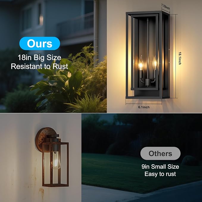 Large Outdoor Wall Lanterns, 18” Exterior Waterproof Rectangular Sconce | 2-Pack Matte Black Porch Lights with Glass Shades, Anti-Rust 2-Light Modern Light Fixtures for Patio Garage Front Door