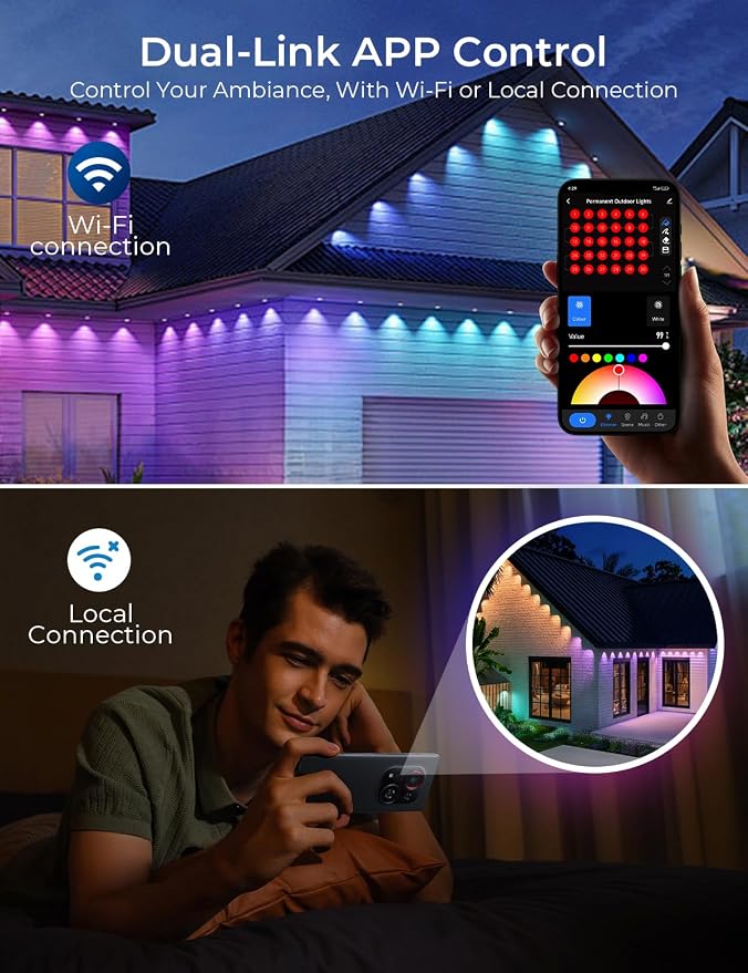 CINOTON Permanent Outdoor Lights 200ft, Smart RGBW+IC Eaves Lights with 120LEDs, IP67 Waterproof, 111 Scene Modes for Daily and Festival, Halloween Christmas Holiday Decor, APP/Voice/Remote Control