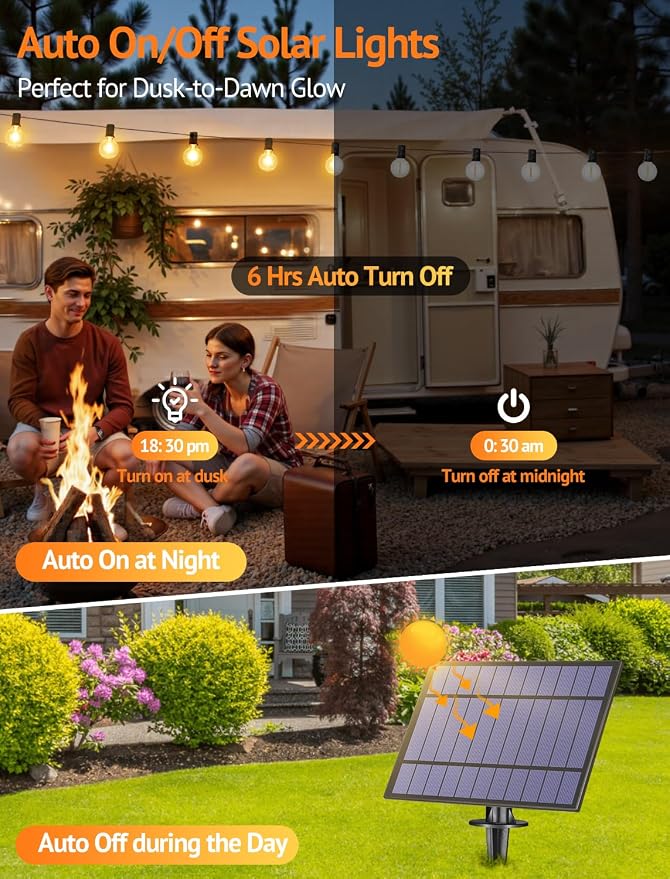 100FT(4x25FT) Solar String Lights with Remote, 43 G40 Bulbs, Black | Solar Powered, Dusk to Dawn, Dimmable, Timer, Memory Function, LED Globe Hanging Lights for Fence Camping Porch
