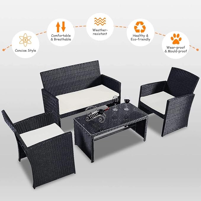 LDAILY LUARANE 4-Piece Rattan Sofa Set w/Soft Weather Resistant Cushions and Tempered Glass Tabletop, Outdoor Patio Furniture Set for Garden, Poolside, Weaving Rattan Conversation Sofa