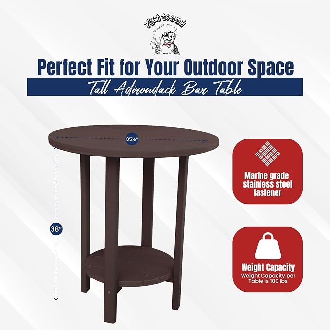 Phat Tommy Round Bar Height Patio Table - Outdoor Bar Table - Balcony Height Patio Furniture for Your Deck - Poly Outdoor Furniture, Brown