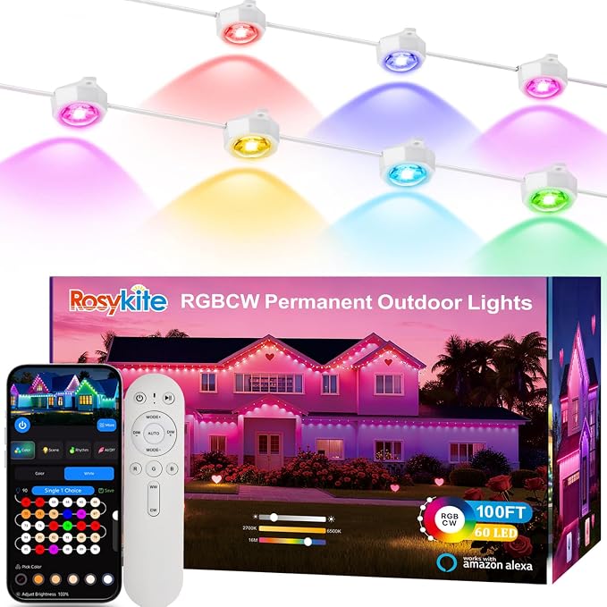 Permanent Outdoor Lights for House,100ft RGB+IC Color Eave Lights | Tunable Warm to Cool White 60lm for Daily Lighting,Super Bright, IP67 Waterproof, Alexa Google APP Remote Control