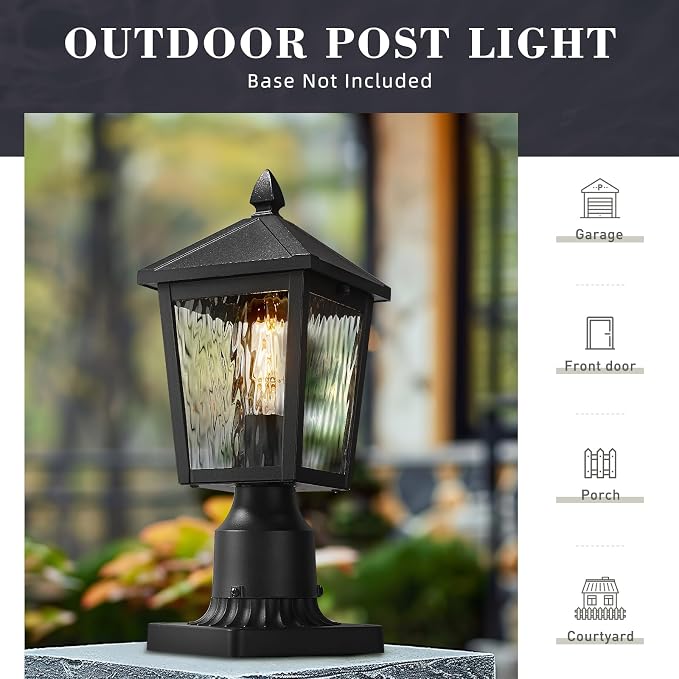 zeyu 13.6 Inch Outdoor Light Fixture for Post, Exterior Post Light Fixtures for Patio, Die-Cast Aluminum with Water Ripple Glass, Black Finish, 20076PS BK-WP
