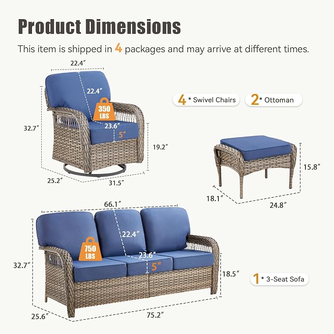 7 PCS Patio Furniture Set Outdoor Sectional Sofa Couch with Rocking Swivel Chairs 5" Deep Seat Chairs, Modern Wicker Rattan Conversation Set, Blue/Gray Wicker