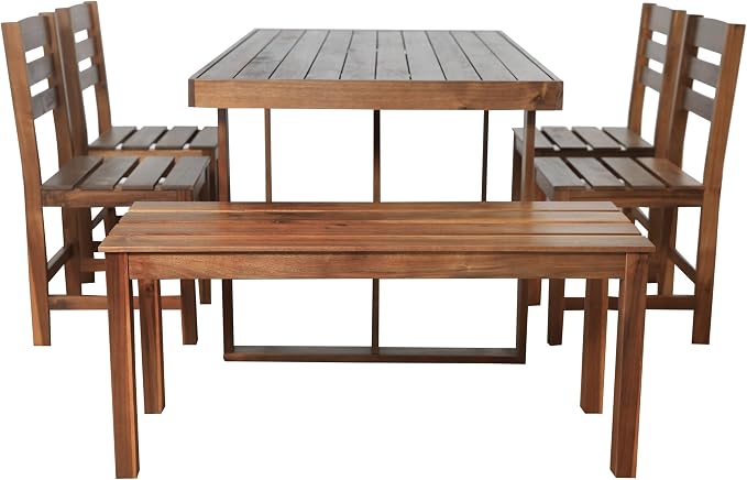 LUMISOL 6 Piece Patio Table Set with Bench, Acacia Wood Outdoor Table and Chair Set for Patio Balcony Backyard, Brown