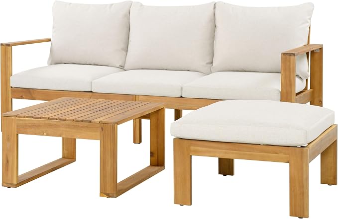 Virubi 3-Piece Acacia Sectional Patio Sofa Set, Water-Repellent Cushions, Transitional Style Outdoor Conversation Sofa Set with Coffee Table & Ottoman for Backyard Garden