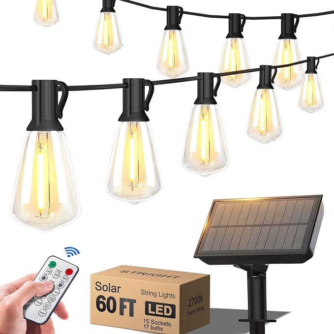 Stright 60FT Solar String Lights Weatherproof 15 LED for Patio Holiday | Weatherproof with Remote, Solar Powered LED Edison Bulb, 15 Sockets, For Patio Backyard Fence