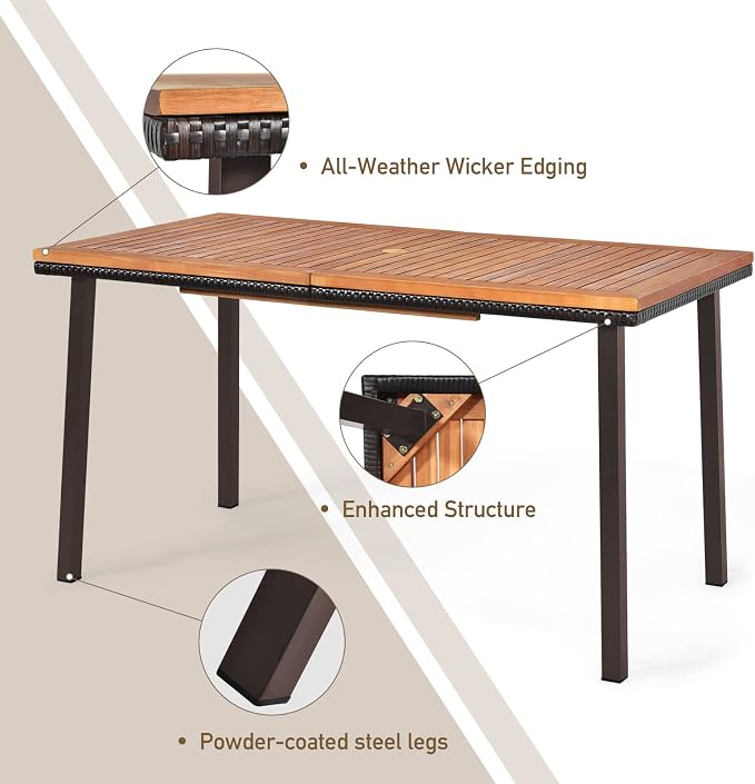 RELAX4LIFE Outdoor Dining Table for 6-8, Acacia Wood Slatted Patio Table w/Umbrella Hole, Wicker Edging, Rust-Proof Steel Legs, Rectangle Outdoor Patio Table for Deck Backyard Pool Side Relaxation