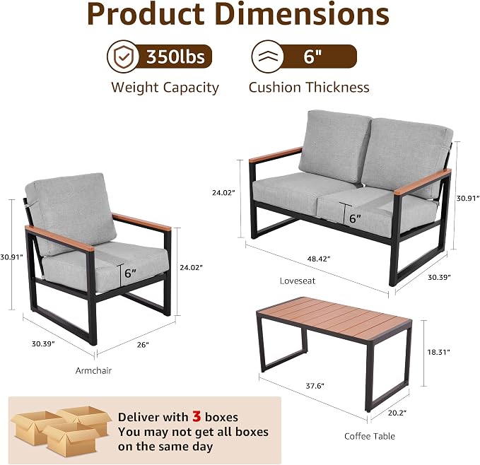 NATURAL EXPRESSIONS Aluminum Patio Furniture Set, Outdoor Patio Conversation Sets with Fauxwood Arm & Tabletop, 6" Olefin Cushions, Oversized Patio Sectional Furniture for Porch, Yard, Balcony, Deck
