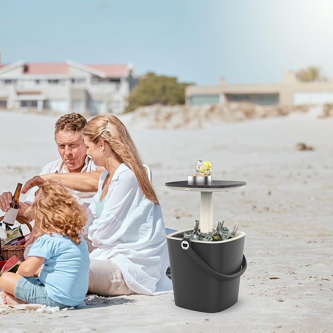 Outdoor Cooler Table, 4 Gallon, Portable, with Handle, Bottle Opener, Lift Top Lid, 3-in-1 Ice Cooler, Cocktail Patio Table for Camping, Picnic, Beach, Poolside (Black)