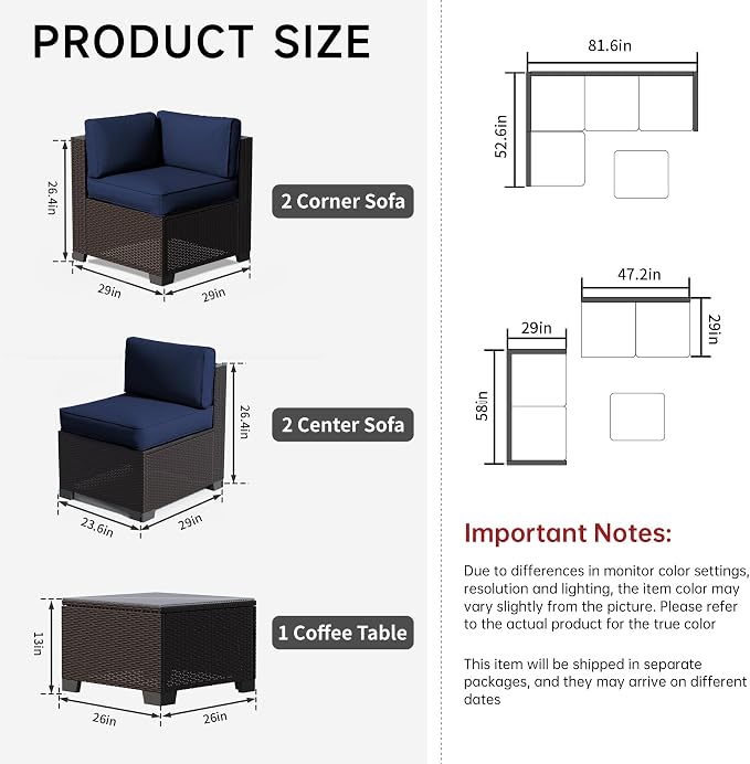 Patio Conversation Sets (Black Brown Rattan & Navy Blue Cushions, 5 Pieces)